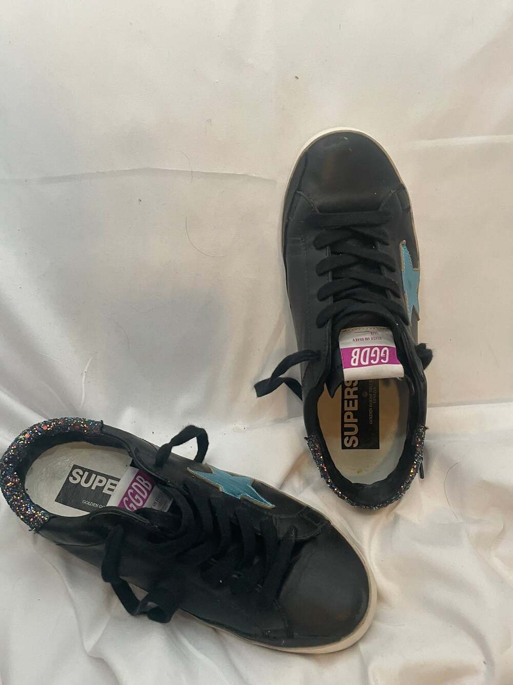 Golden Goose Super-Star Black Leather Blue Star Glitter Sneakers EU 37 Excellent